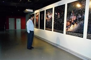 Visitante observando painel da exposição