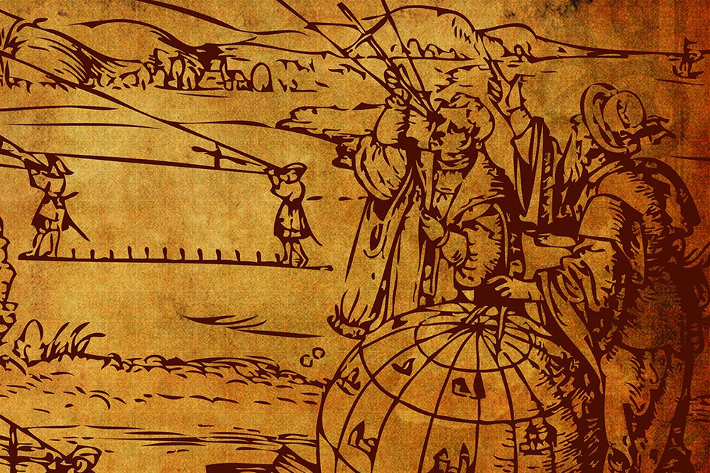 Ilustração representando antigos astrônomos na exposição Olhar o Céu, Medir a terra